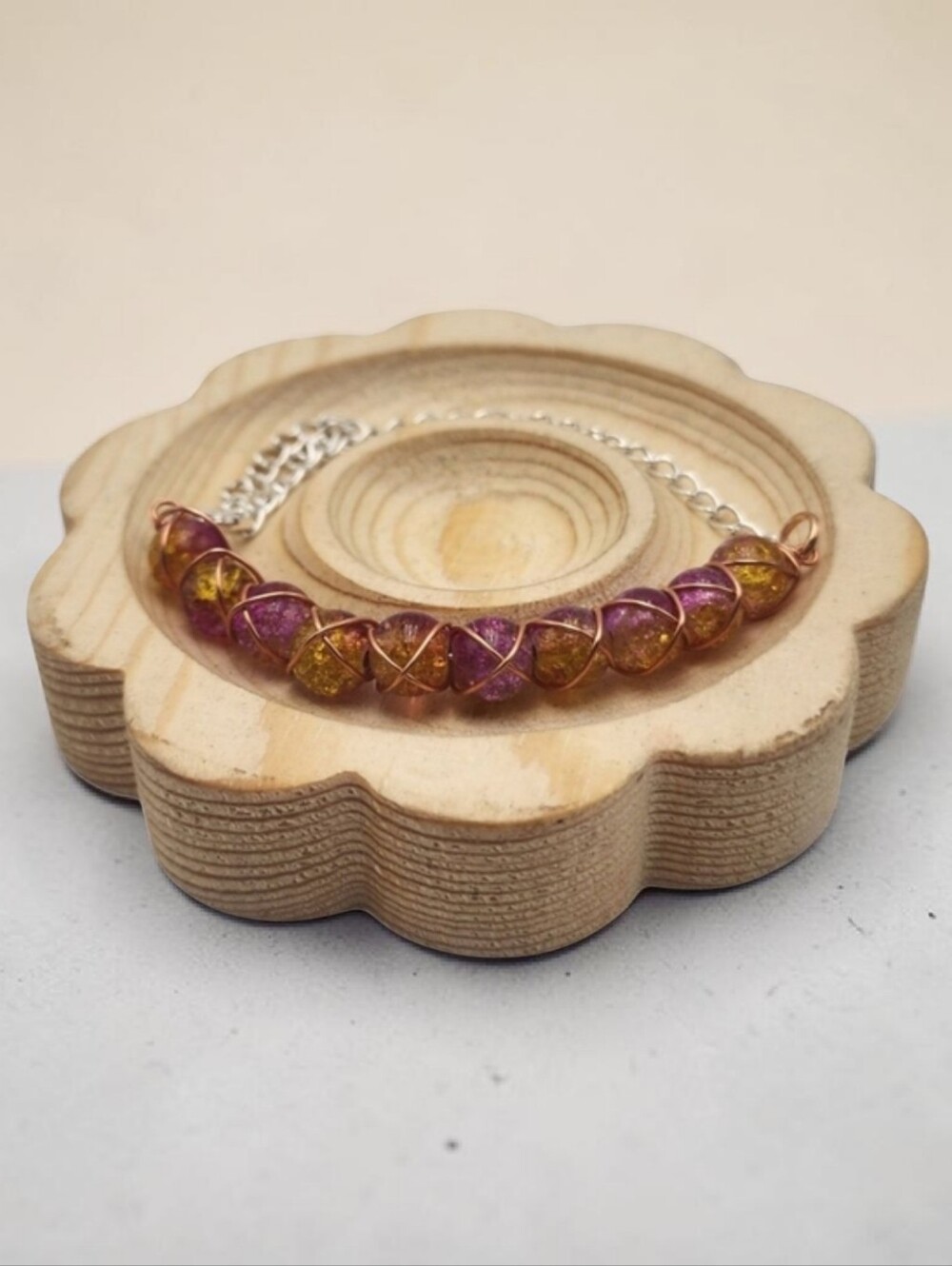 Handmade Wire-wrapped Adjustable Yellow and Purple Beaded Bracelet